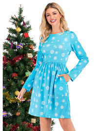 Women Snowflake Long Sleeve Pullover Swing Flared A Line Xmas Midi Dress