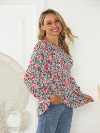 Casual Scoop Shirt  Long Sleeve Floral Print Chiffon Blouse