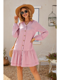 Button Front Dress Long Sleeve V-Neck Casual  Swing Dress Button Front Dress Long Sleeve V-Neck Casual  Swing Dress