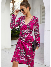 Women's Long Sleeve Slit Floral Drawstring Mini Midi Dresses