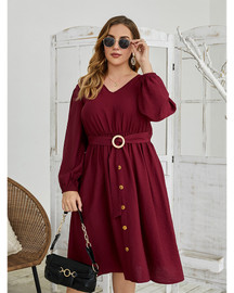 Long Sleeve Loose Casual Plus Size Burgundy Belt Dress