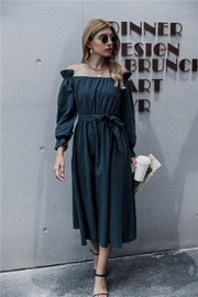 Off Shoulder Belt Long Sleeve Midi Navy Blue Dress Off Shoulder Belt Long Sleeve Midi Navy Blue Dress