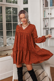 Casual Long Ruffles Loose Swing V Neck Shift Dress