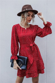 Polka Dot Print Long Sleeve Crewneck Fishtail Ruffle Hem Short Mini Dress