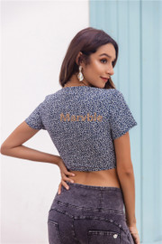 V Neck Short Sleeve Self Tie Wrap Floral Crop Tops Blouse V Neck Short Sleeve Self Tie Wrap Floral Crop Tops Blouse