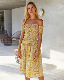 Smocked Off The Shoulder Floral Print Boho Short Dresses