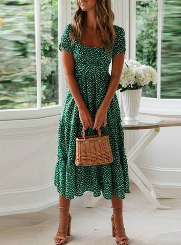 Collar Mid-Calf Pleated Puff Sleeve Women Square Dress