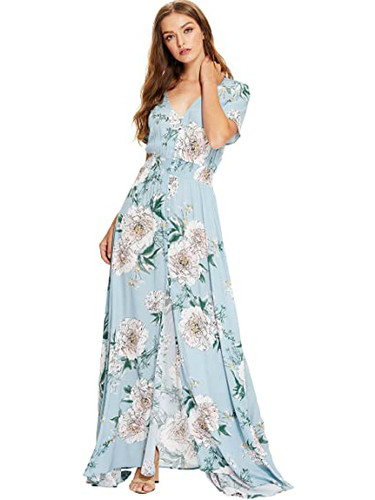 Buy Cheap Green Short Sleeves Floral Print Up Split Flowy Party Maxi Dress Under 20
