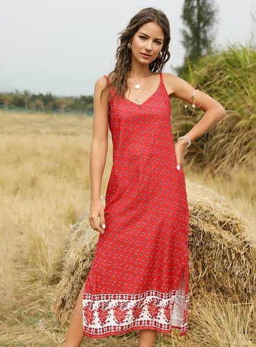 Print Bohemian Floral Split Spagehtti Maxi Dress Print Bohemian Floral Split Spagehtti Maxi Dress