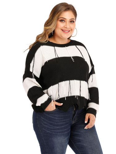 Shop New Arrival Plus Size Backless Black And White Striped Tassel Irregular Pullover Sweater