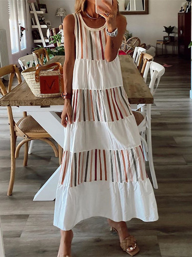 Shop Romantic Striped Crew Neck Sleeveless Plus Size Slim Dress Under 20