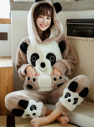 Get 2021 Winter Winter Brown Bear Suit Coral Fleece Pajamas Women Thicken Under 49