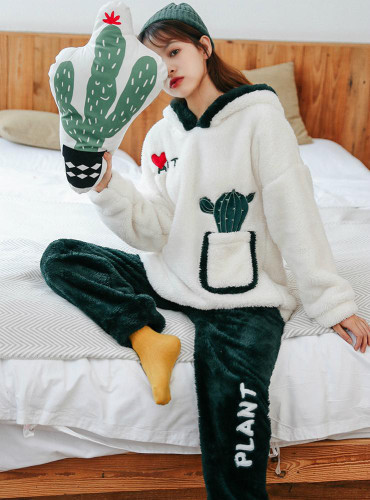 Shop 2020 Women White Green Cactus Coral Velvet Pajamas Sleepwear Under 45
