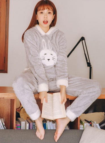 Shop Cheap Pink High Neck Rabbit Coral Velvet Pajamas  Winter Sleepwear Under 47