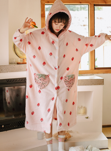 Shop 2020 Sweet And Lovely Flannel  Pink Strawberry Home Clothes Pajamas Under 45