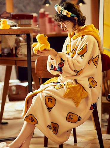Shop 2021  Coral Velvet Little Yellow Duck Hooded Flannel Bathrobe Pajamas Under 48