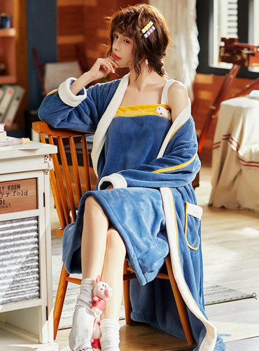 Shop 2021 Two-Piece Suit Long Bathrobe Fleece Nightgown Sling Pajamas Under 55
