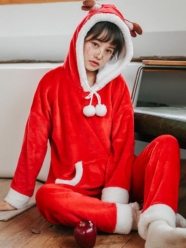 Shop Cheap 2021 Red Little Elk Hicken Coral Fleece Winter And Christmas Pajamas Under  48