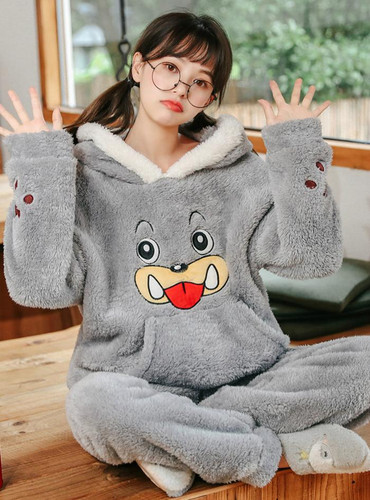 Shop 2021 Women Gray Seal Warm Velvet Thick Flannel Pajamas Sleepwear Under 45