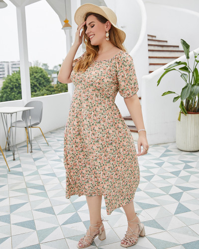 Get New Arrival Plus Size Square Flower Print Mid Length Summer Daily Dress Under 26