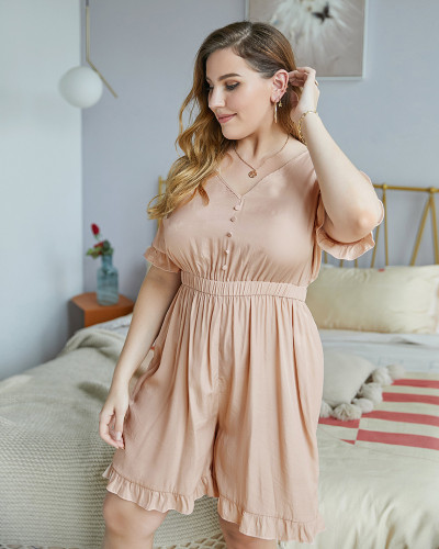 Shop 2021 Pink Short Sleeve Chiffon V Neck Plus Size Summer Jumpsuit Under 23