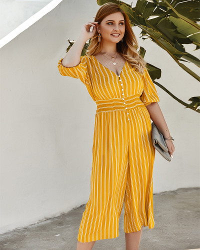 Shop 2021 Yellow Striped V Neck Short Sleeve Jumpsuit Under 42