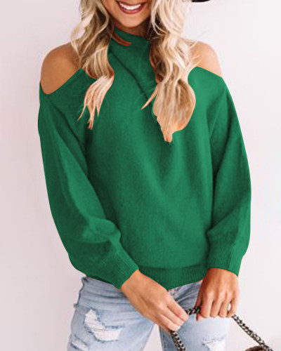 Sweaters Casual Off Shoulder Tops Crossed V- Neck Long Sleeve Crop Halter Pullover