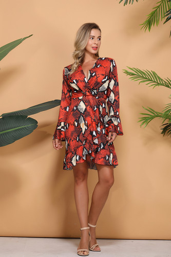 Casual Flare Red  Long-Sleeved Snake Print Dress