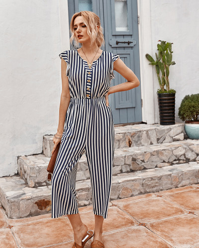 High Waist V Neck Short Sleeve Striped Button Long Jumpsuit