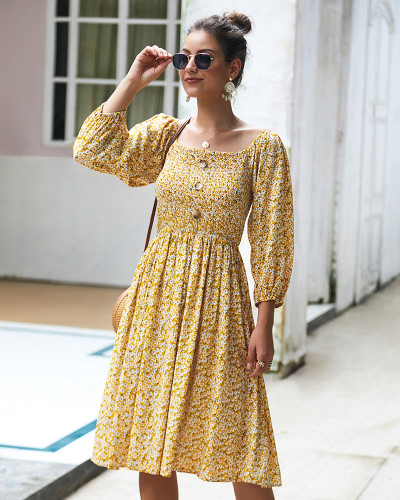 Floral Printed Dress Square Neckline Long Sleeve Mini Dress