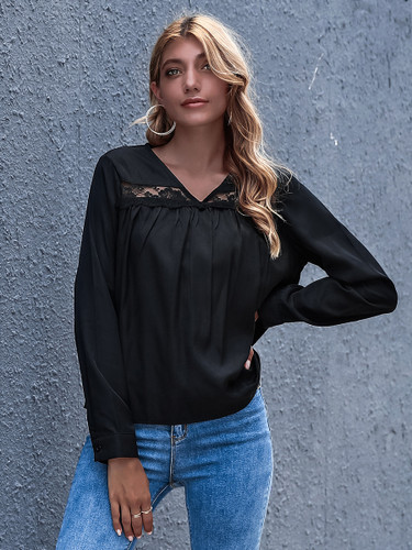 Casual Solid V Neck Lace Crochet Long Sleeve Shirts Tops Loose Blouses Casual Solid V Neck Lace Crochet Long Sleeve Shirts Tops Loose Blouses