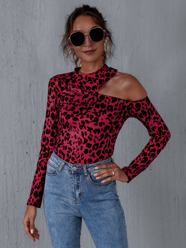 Women's Leopard Print Tops Cold Shoulder Long Sleeve Shirt Cutout Loose Tee