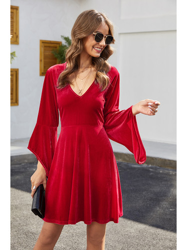 Velvet Party Dresses Plunge 3/4 Sleeve Elegant A Line Swing Skater Dress