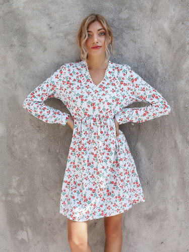 Casual Floral V Neck Long Sleeve Midi Chiffon Dress Casual Floral V Neck Long Sleeve Midi Chiffon Dress