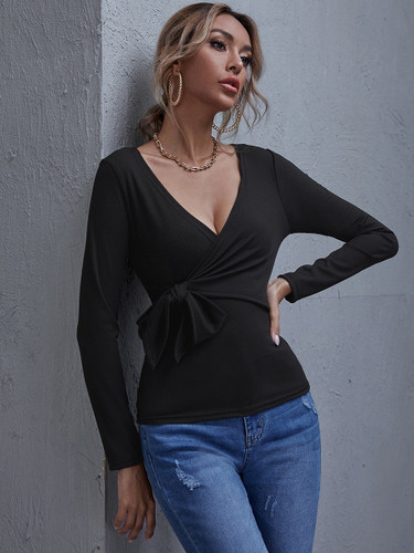 Famulily Womens Deep V Neck Long Sleeve Slim Fit Casual Self-Tie Front Cross Wrap Tops Shirt