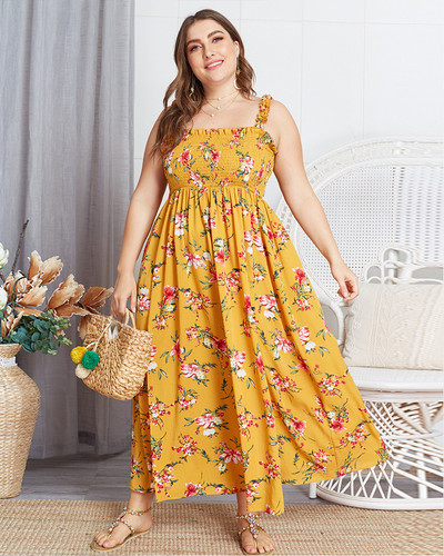 Spaghetti Strap Casual Ruffle Sleeve Plus Size Slit Maxi Dress