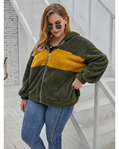 Zipper Cozy Oversized Fluffy Fleece Plus Size Color Block Pullover Outwear Jacket Coat