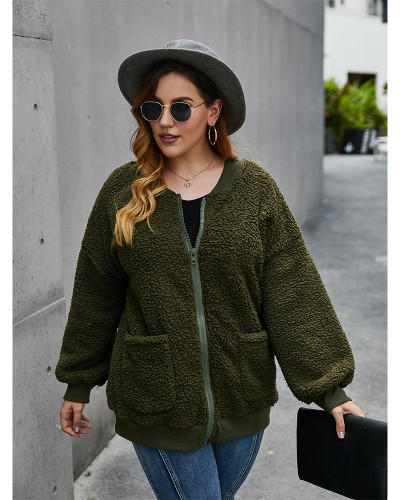 Plus Size  Open Front Zipper Caridgan Winter Fleece Coat Outwear
