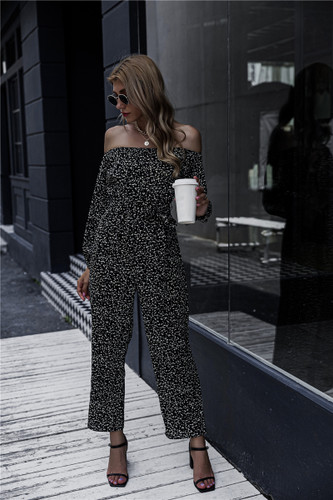 Casual Long Sleeve Jumpsuit Printed  One Off Shoulder Elastic Waist Stretchy Romper