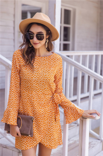 Crewneck Fishtail Ruffle Hem Polka Dot Print Long Sleeve Short Mini Dresses