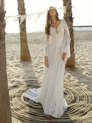 Lace Long Sleeve V Neck Party Dress