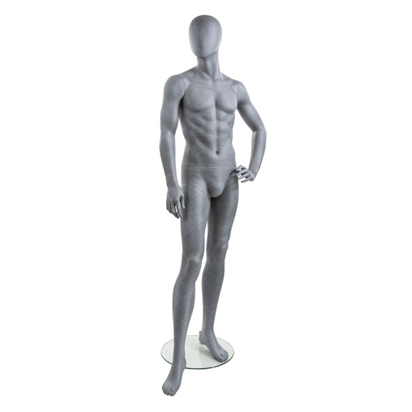 Male Mannequin Left Hand on Hip, Right Leg Forward Slate Grey