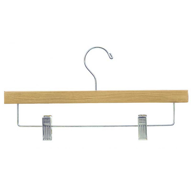 14in. Pant/Skirt Wood Hanger w/ Chrome Hooks and Bar w/ Clips Natural