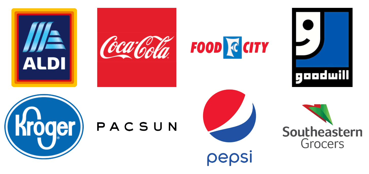 Our customers include ALDI, Coca-Cola, Food City, Goodwill, Kroger, PACSUN, Pepsi, and Southeastern Grocers