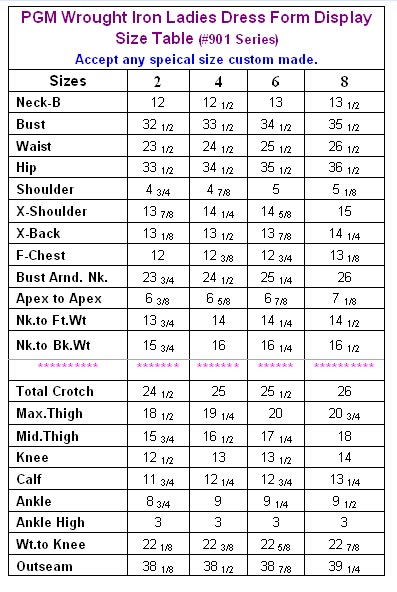 PGM Raw Steel Display Body Form Size Chart