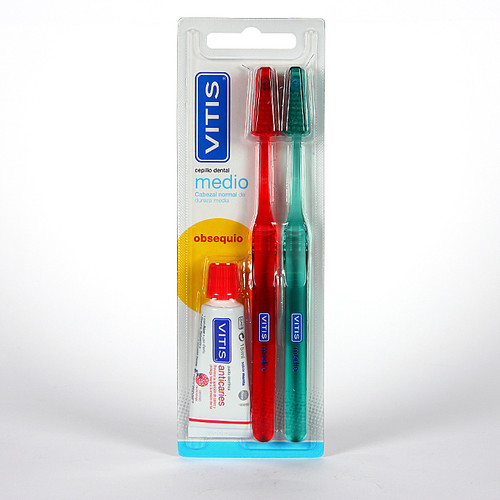Vitis duplo cepillo dental adulto medio + regalo pasta anticaries 15 mL