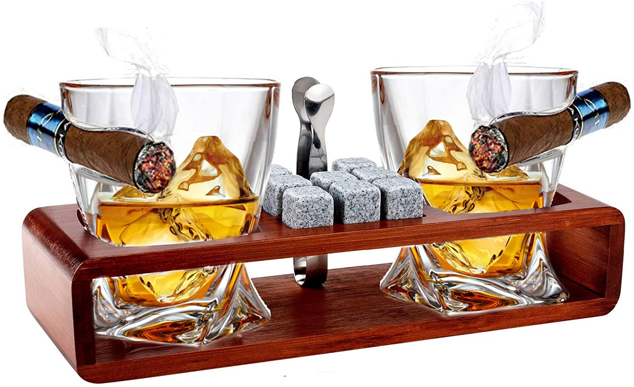 Whiskey Glasses With Side Mounted Cigar Whisky Chilling Stones and accessories on Wooden Tray