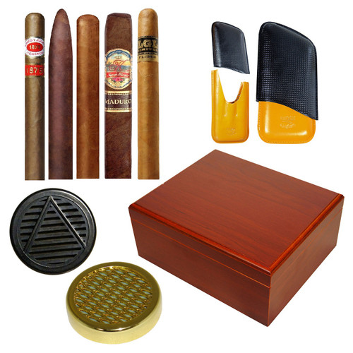 Combo Amigos (5 Best Cigar Sampler Boutique Premiun, 40 Cigars Humidor & Cigar Leather Case)