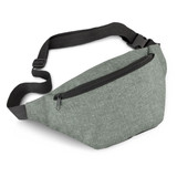 A grey belt bag with a single zippered pocket and an adjustable strap, featuring a branding logo.