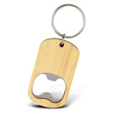 A drink bottle opener key ring with a wooden finish and a metal bottle opener integrated into the design.
